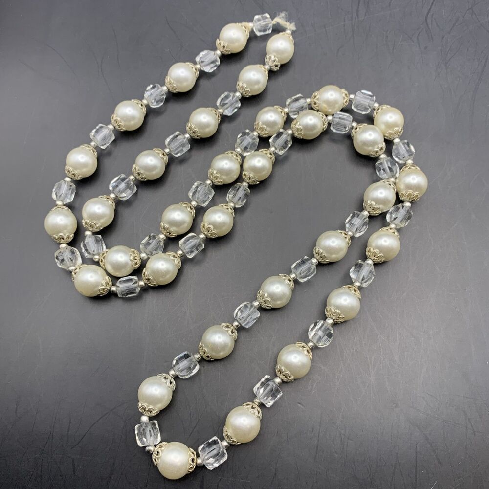 Long Faux Pearl Glass Bead Necklace Silver Tone Clear Cube Bead Classic Vintage